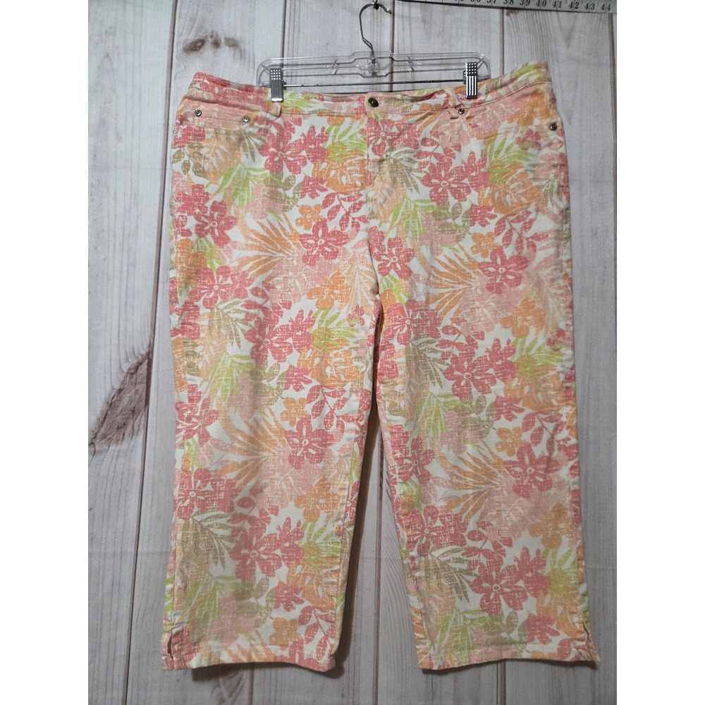 CJ Banks Womens 18W Floral Crop Pants Peach Orange Tropical Capris Spring